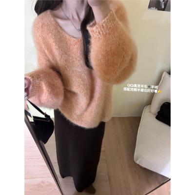 韩系V领全羊毛拉绒花纱软糯毛衣慵懒高级感宽松显瘦针织衫上衣女