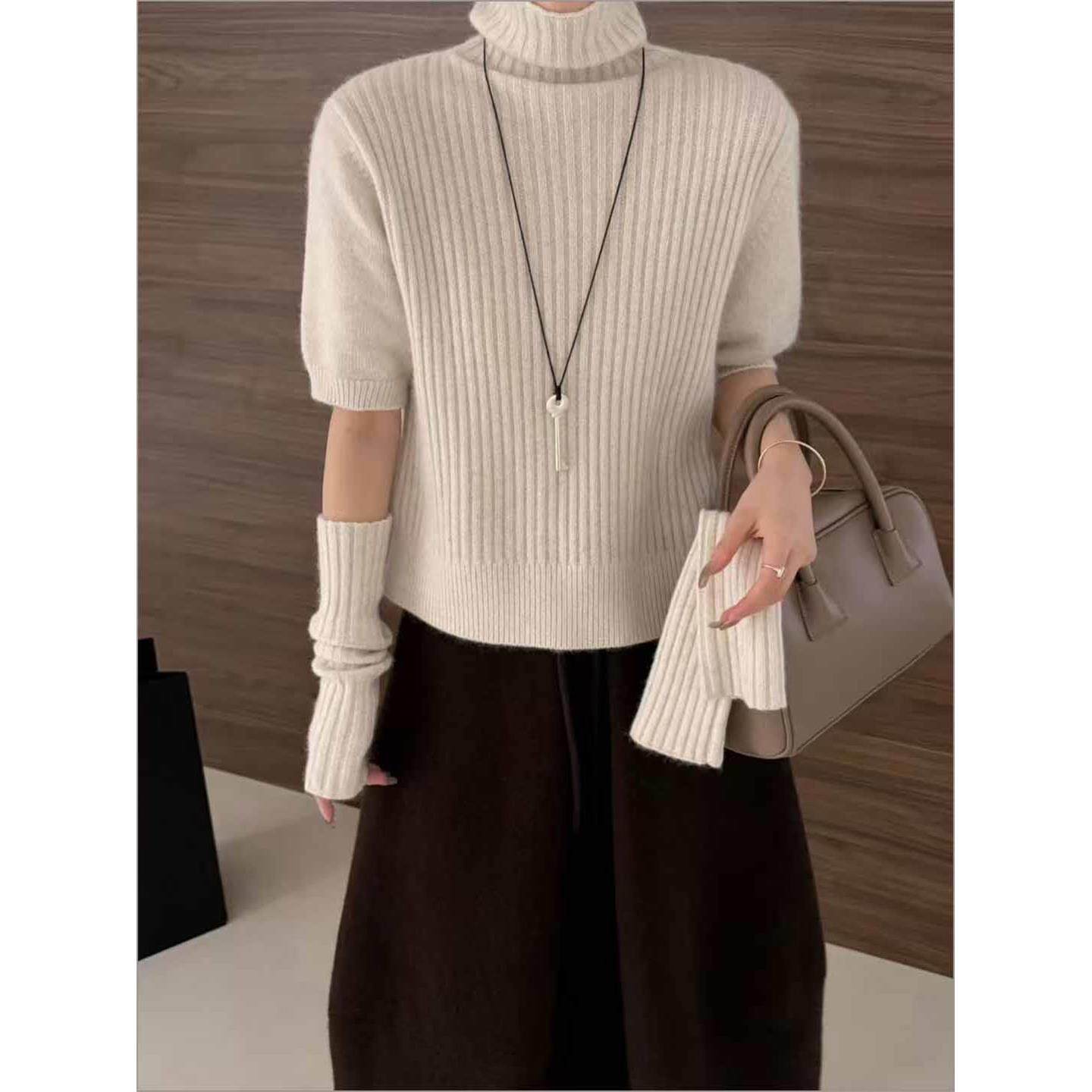 2025冬季新款韩系堆堆高领短袖羊绒针织衫女配袖套洋气打底衫上衣,女装/女士精品,羊绒衫,淘宝优惠券,粉丝福利购,淘宝优惠卷