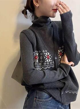 冬季新款复古提花高领针织衫女装马甲+高领打底两件套套装18298