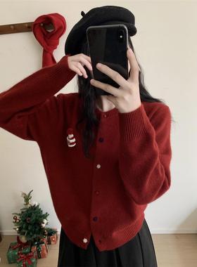 2783阿拉善骆驼绒韩系圆领红色圣诞帽针织开衫毛衣女2025秋冬新款