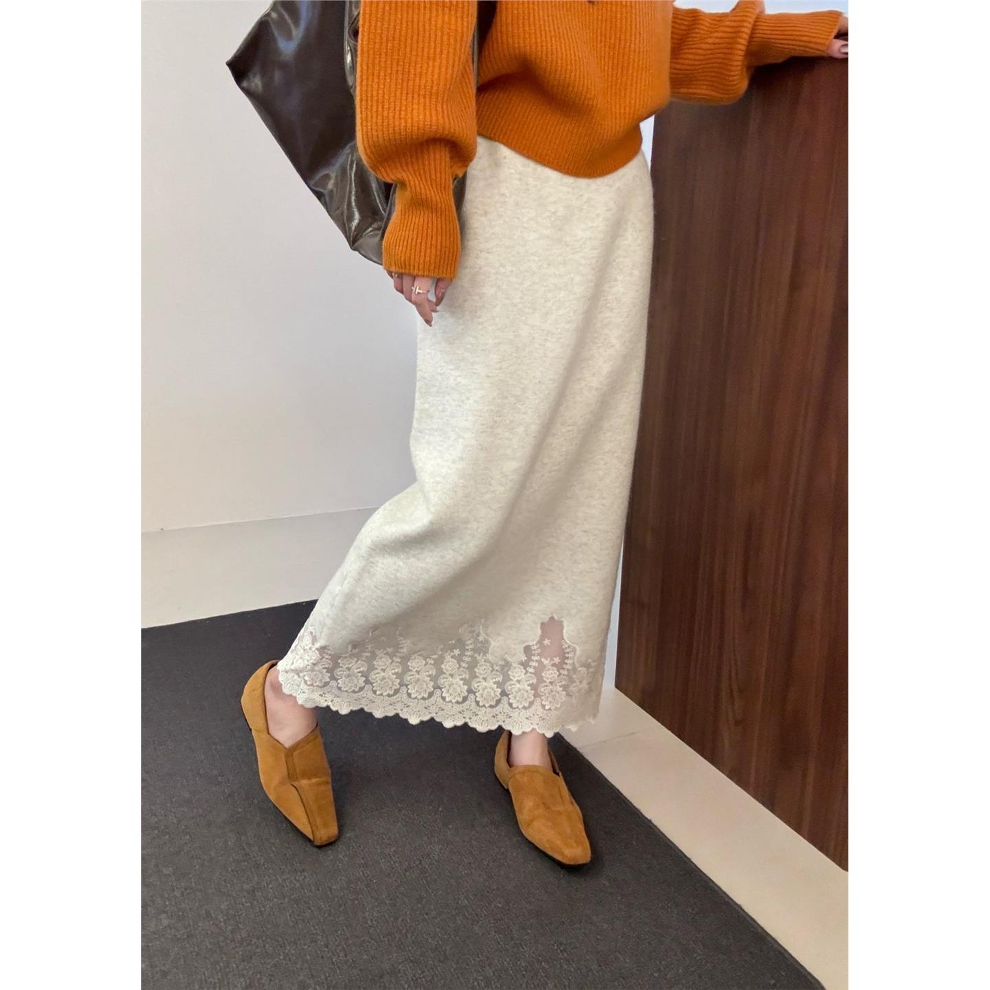 蜜熊绒72319法式气质蕾丝拼接羊绒半身裙秋冬百搭慵懒风A字中长裙