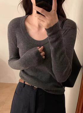 TOMORROW显瘦百搭100羊毛打底衫韩系简约U领内搭修身针织衫6903