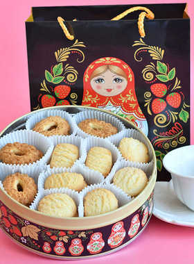 俄罗斯曲奇饼干原装进口铁盒装套娃牌牛奶味酥脆营养早餐休闲零食