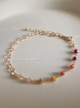 WingYah夕阳的天际线 渐变红水晶纤细手链14k包金爱心链条