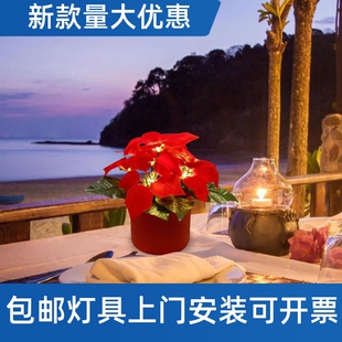 新品圣诞节仿真花小夜灯led一品红圣诞花盆年宵花氛围装饰台工厂