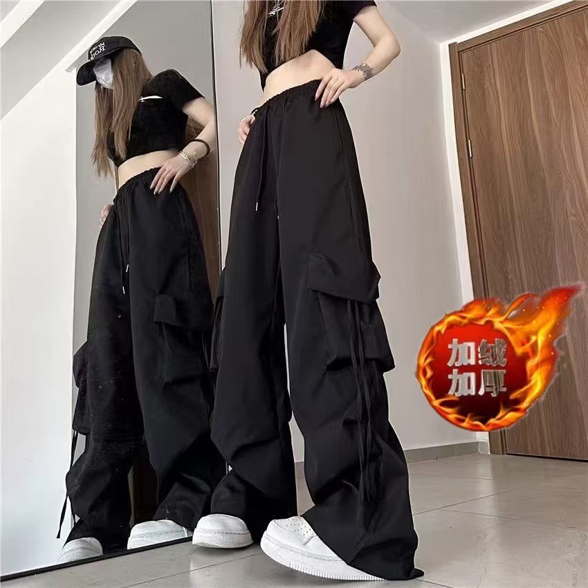 美拉德ins加绒加厚工装裤女春秋薄款直筒阔腿辣妹宽松休闲长裤男