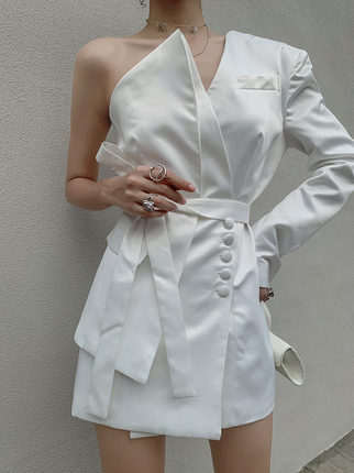 FLAMEBLOCK 行走的费洛蒙设计师款西服连衣裙白色修身晚宴礼服裙