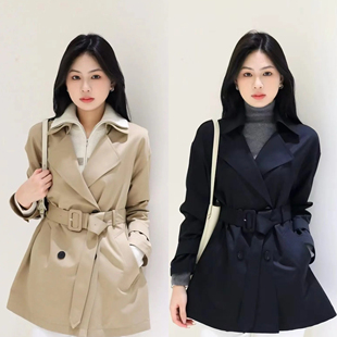 断码特小禾原厂露珠面料真丝羊毛双排扣系带一手长短款风衣新款