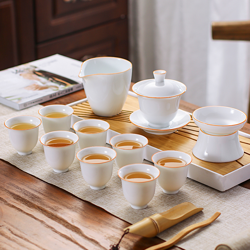 功夫茶具套装家用现代轻奢简约客厅泡茶办公室潮汕甜白瓷盖碗茶杯