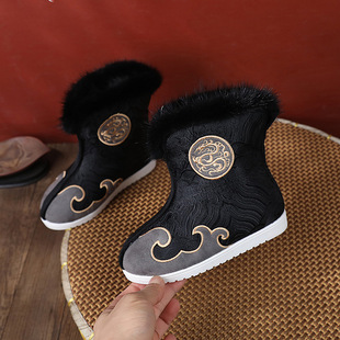 男童汉服鞋冬季加绒保暖儿童古风靴子男孩中国风短靴老北京手工鞋