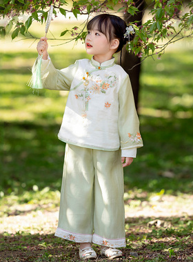 折香 汉服女童春秋新品2024套装中国风小女孩绿色女宝宝超仙唐装