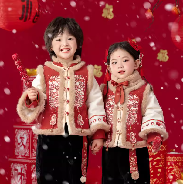 断码清仓 冬季男童上衣中国风套装红色过年汉服 2024新款 拜年服
