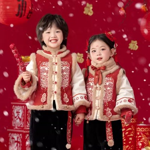 断码清仓 冬季男童上衣中国风套装红色过年汉服 2024新款 拜年服
