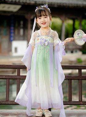 四月鸢 汉服女童齐胸襦裙2024年夏季新品短袖紫色连衣裙古装裙子