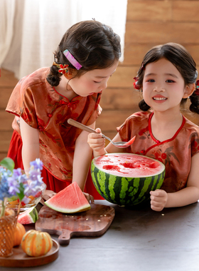 女童旗袍套装新中式真丝短袖夏民国风古装桑蚕丝香云纱女宝宝汉服