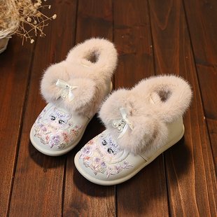 女童汉服冬季绣花鞋儿童汉服鞋宝宝春秋防滑软底鞋加绒老北京布鞋