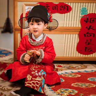 蛇年拜年服 圆领袍喜庆状元 汉服男童冬款 中国风年服过年宝宝唐装