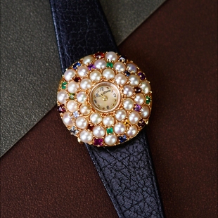 卢森+皮卡尔中古天然珍珠彩宝镶嵌时尚优雅女士腕表古董表