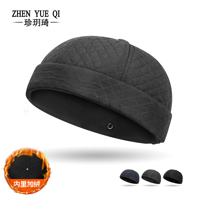 秋冬季新款加绒唐帽防寒保暖地主帽男士时尚菱格绣线户外瓜皮帽子