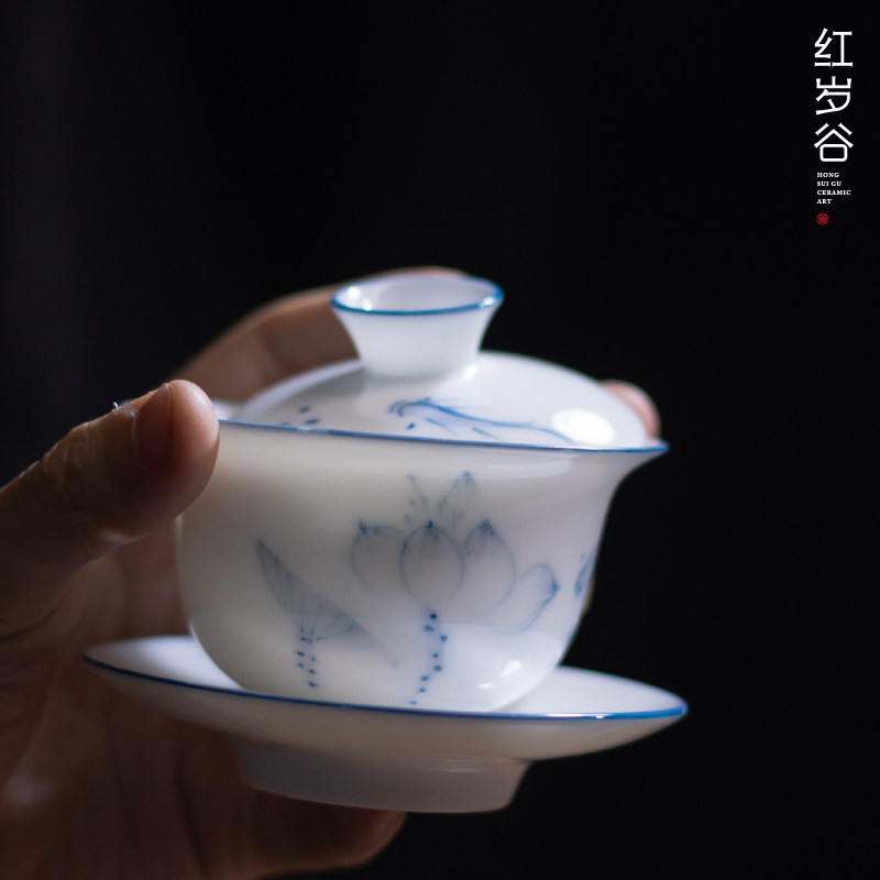 手绘羊脂玉瓷荷花小容量盖碗茶杯透光青花瓷功夫茶具单个中式套装,餐饮具,盖碗,淘宝优惠券,粉丝福利购,淘宝优惠卷