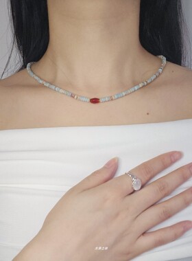 绯蓝|天然石彩色串珠项链寿山石玛瑙吊坠轻奢小众复古感锁骨链女