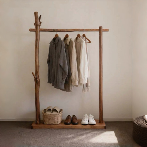 侘寂风衣帽架落地卧室家用创意实木挂衣架简易名宿衣架收纳置物架