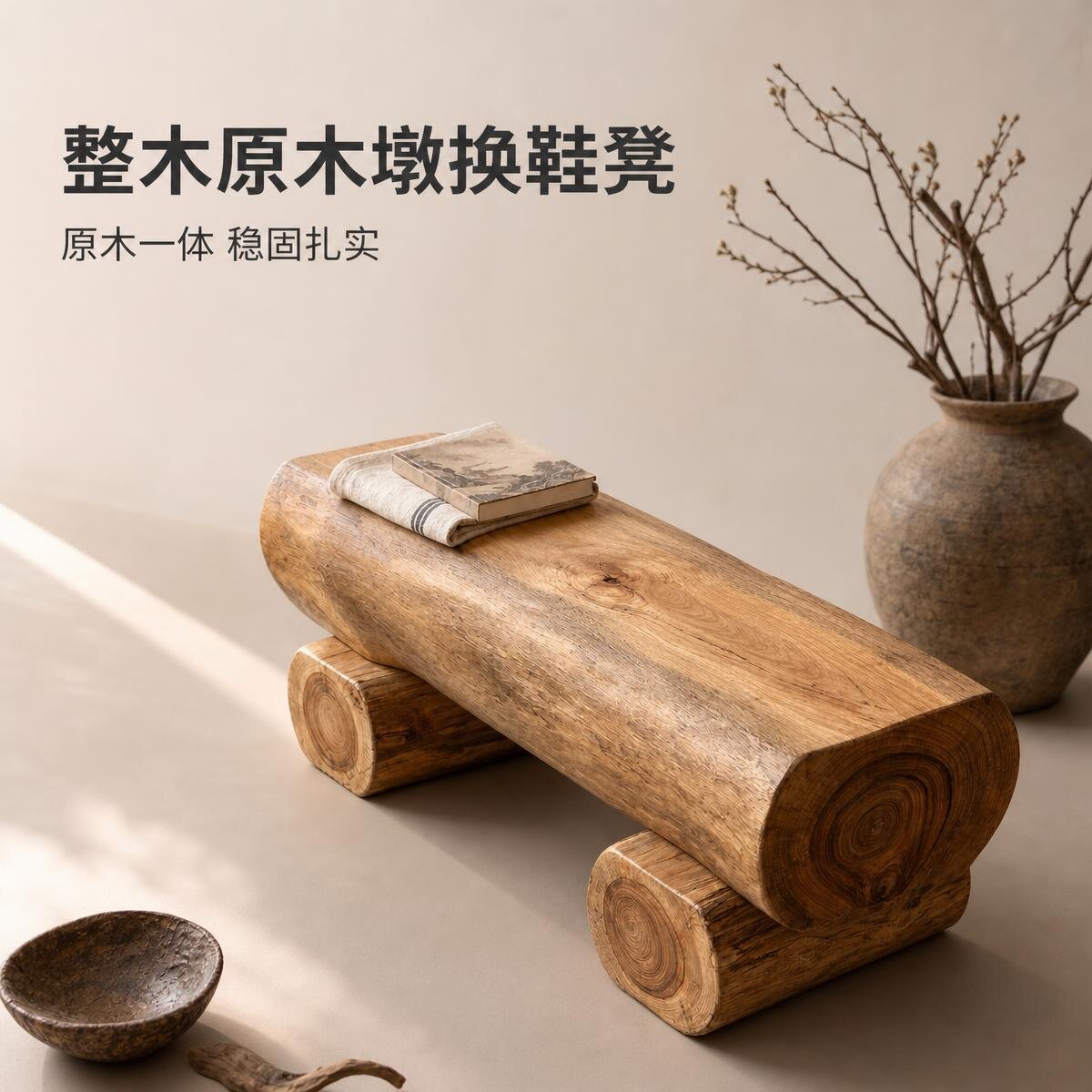 侘寂风玄关茶室换鞋凳实木树桩树墩景观凳园林景区公园公共休息椅