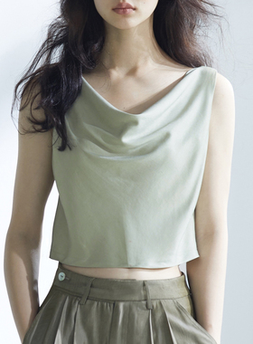 COMMON VALUE草绿色荡领修身短背心2022年夏新款女原创设计