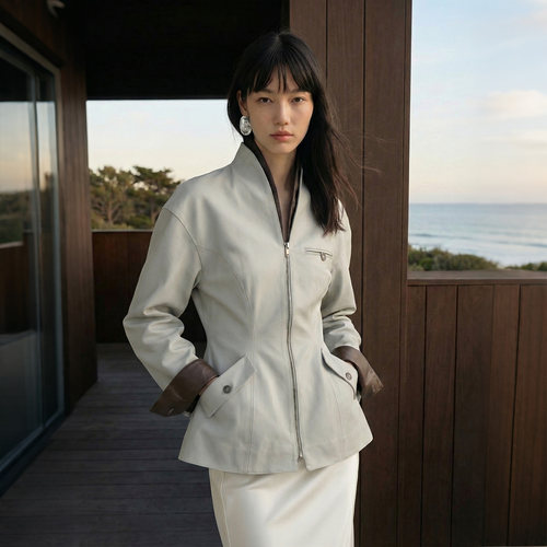 COMMON VALUE 老钱风禅意立领新中式收腰皮衣夹克外套女26春新款