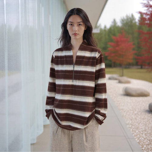 中式禅意领t恤半拉链条纹背心