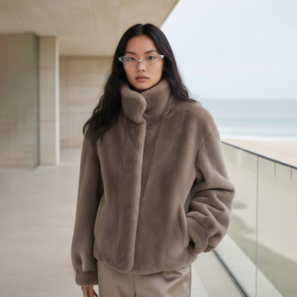 COMMON VALUE「 灵 Nav」仿貂毛皮草短外套 宽松保暖廓形高领上衣