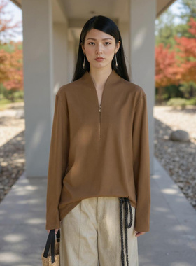 COMMON VALUE「 灵 Nav」新中式禅意领上衣半拉链卷袖极简百搭T恤