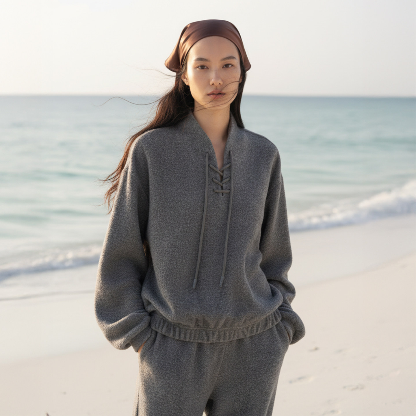 绑带禅意领卫衣羊毛混纺卫衣套装