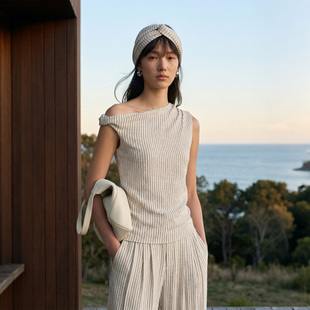 」肌理感亚麻斜领上衣百搭无袖 COMMON Pāra 禅 条纹背心 VALUE「