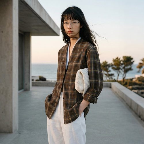 新中式禅意领衬衣格纹宽松衬衫