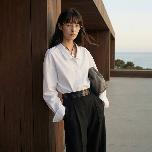 COMMON VALUE 春季休闲简约白衬衫女轻薄通勤慵懒风法式精雕衬衣