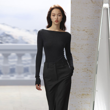 COMMON VALUE 德国扬子100%澳洲羊毛一字领无缝一体春季打底衫