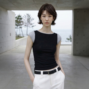 COMMON 新款 盖袖 正肩拼色假两件T恤通勤上衣 VALUE「栖云绕」夏季