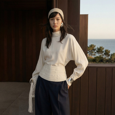 COMMON VALUE「云褶腰」春立领高领腰封收腰修身上衣春季打底衬衫