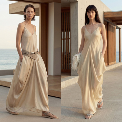 COMMON VALUE「流云裁 」春季新款极简度假风松弛棉麻叠褶连衣裙