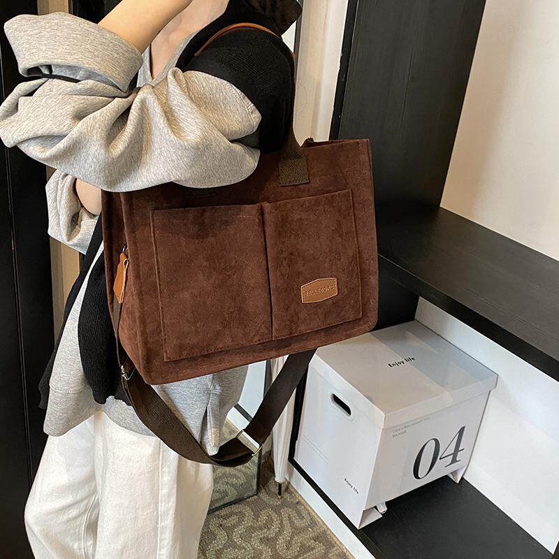 日系ins简约纯色百搭工装风单肩斜挎包条绒布袋男女学生休闲挎包