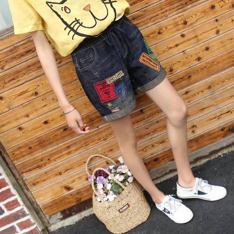 短裤女夏2018新款数字贴布宽松紧高腰大码破洞翻边学生牛仔热裤子在类目 女装/女士精品, 牛仔裤中 - 来自Buy2taobao.com提供专业的淘宝代购服务