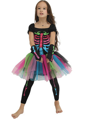 Halloween万圣节儿童服装多彩女骷髅彩虹骨架连衣裙子舞蹈演出服