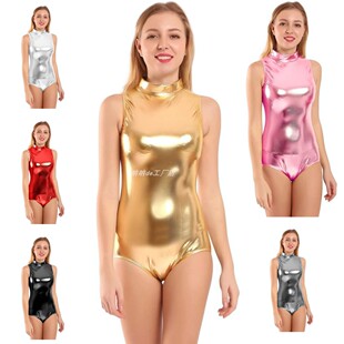 闪亮金属色舞蹈紧身衣氨纶小高领领后背拉链舞衣Leotard连体衣女