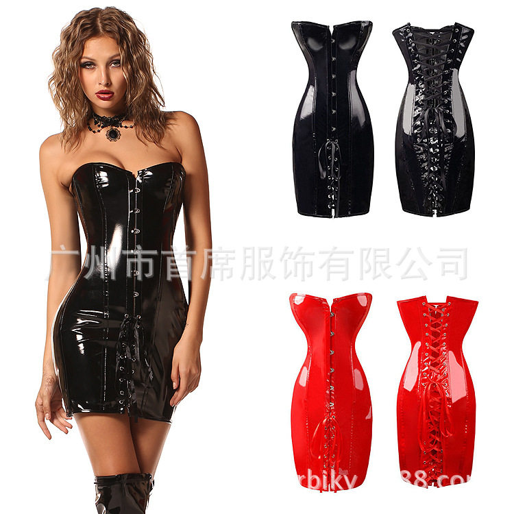 瘦身美体收腹欧美束身衣女PVC连衣裙连体衣抹胸包臀绑带短裙聚乳