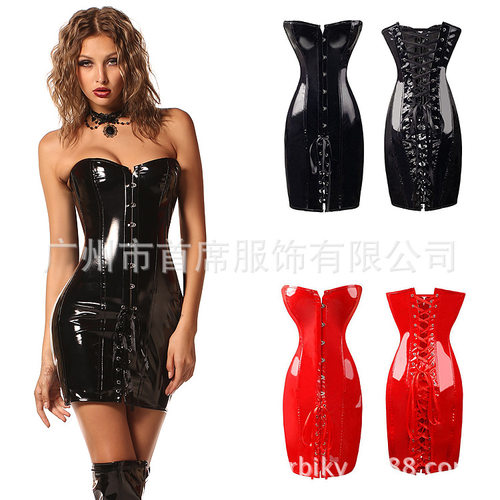 瘦身美体收腹欧美束身衣女PVC连衣裙连体衣抹胸包臀绑带短裙聚乳