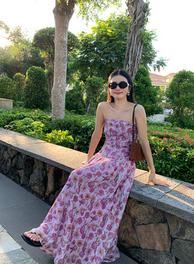 落落狷介紫色碎花抹胸连衣裙女