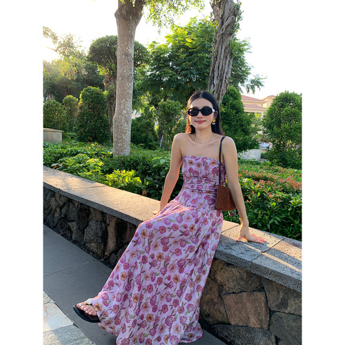 落落狷介紫色碎花抹胸连衣裙女