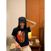 小个子上衣显瘦韩系 藏青色印花T恤女2026年春夏新款 落落狷介 短袖