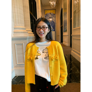 落落狷介 独特漂亮早秋上衣黄色镂空毛衣设计感宽松毛线衣小个子